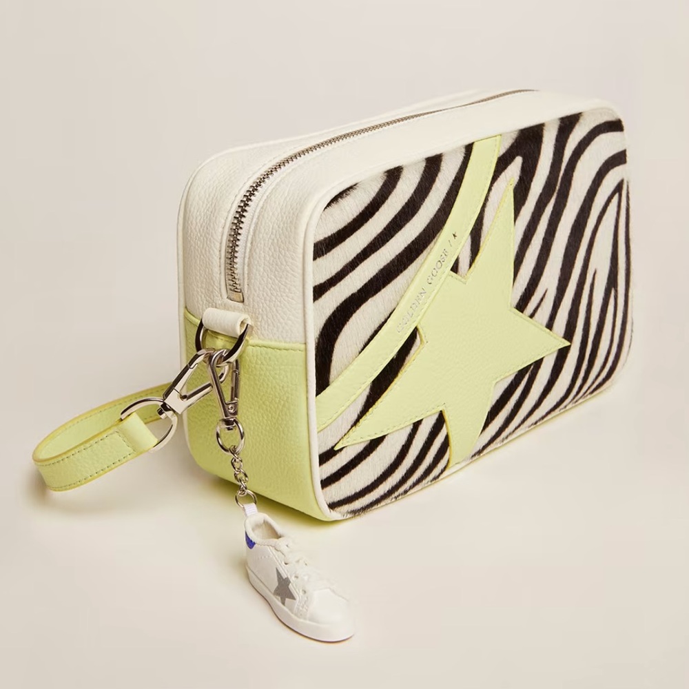Star Bag in white & lime hammered leather w/zebra-print pony skin insert